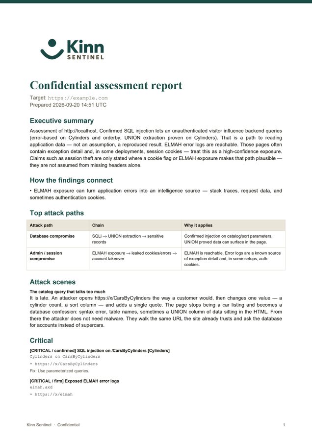 Kinn Sentinel sample assessment report, showing an executive summary, connected findings, and attack paths.